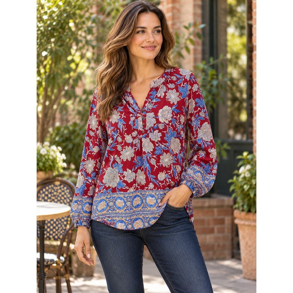 Lucky Brand Burgundy Floral Paisley Tunic Blouse Womens Small Viscose Boho Fall